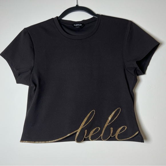 Bebe T-Shirt Crop top Black Tee – Size L – NWOT Gold Glam - Picture 10 of 11